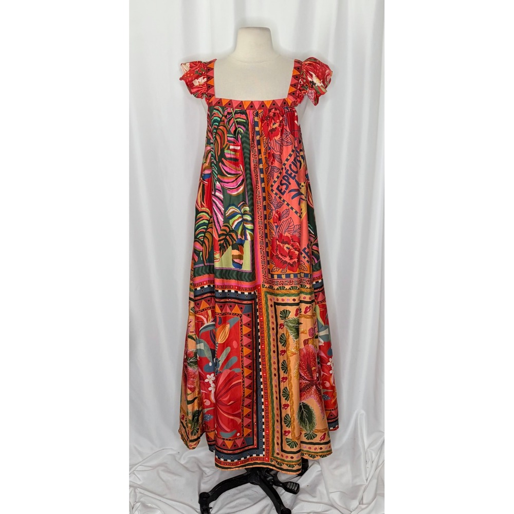 Anthropologie FARM RIO Mosaic Midi Dress Cotton Pockets Colorful Tropical Medium - Picture 3 of 15